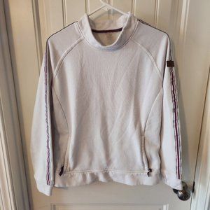 Super Comfy White Roxy Sweatshirt with Striped Sleeves and Front Zipper Pocket